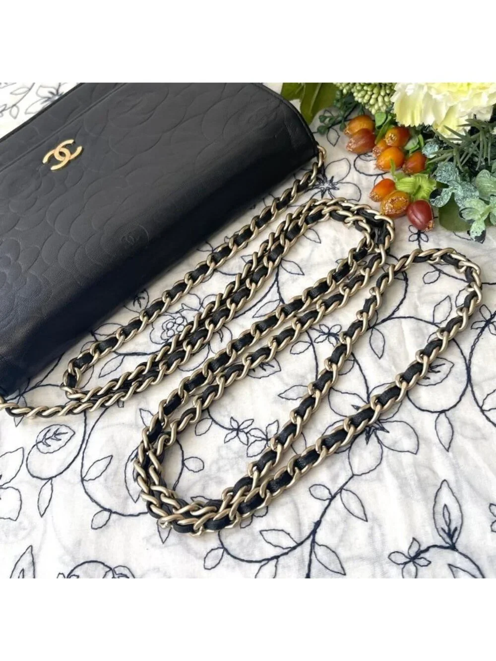 Chanel Chain Wallet Camellia Black Shoulder